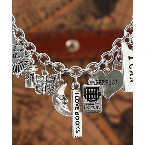 Silver Multi Charm Link Bracelet Adjstbl Pendnt Heart Flowr Buttrfly Coffee Moon - Picture 3 of 7